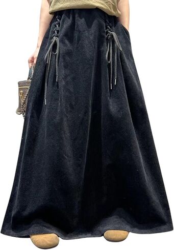 ebossy Womens Vintage Corduroy Long Skirt Elastic High Waist Tie Up A-Line Flared Pleated Maxi Skirt with Pockets in Kuwait