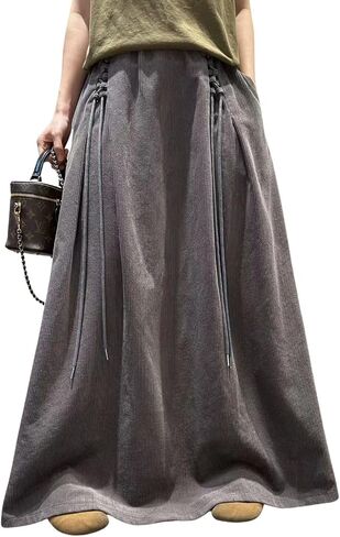 ebossy Womens Vintage Corduroy Long Skirt Elastic High Waist Tie Up A-Line Flared Pleated Maxi Skirt with Pockets in Kuwait