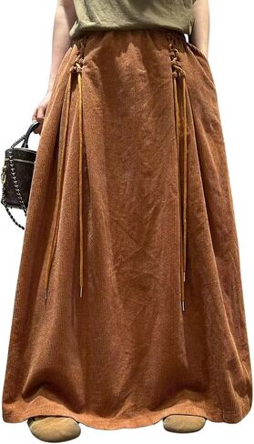ebossy Womens Vintage Corduroy Long Skirt Elastic High Waist Tie Up A-Line Flared Pleated Maxi Skirt with Pockets in Kuwait