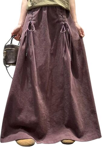 ebossy Womens Vintage Corduroy Long Skirt Elastic High Waist Tie Up A-Line Flared Pleated Maxi Skirt with Pockets in Kuwait