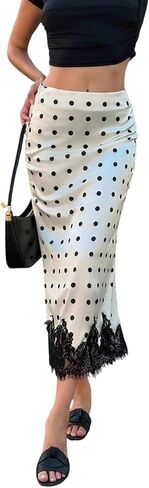 Satin Polka Dot Midi Skirts for Women Elegant Dressy Lace Hem High Waisted A-Line Going Out Long Skirt in Saudi Arabia