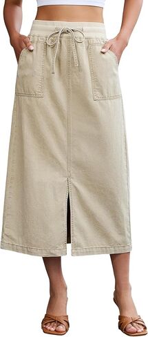 luvamia Jean Skirts for Women High Waisted Midi Denim Drawstring Elastic Waist Long Skirt with Pockets Front Slit in Kuwait