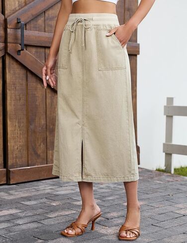 luvamia Jean Skirts for Women High Waisted Midi Denim Drawstring Elastic Waist Long Skirt with Pockets Front Slit in Kuwait