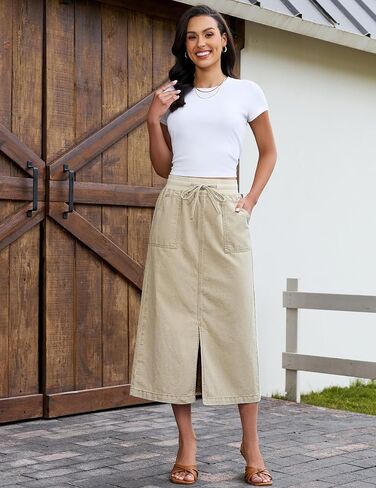 luvamia Jean Skirts for Women High Waisted Midi Denim Drawstring Elastic Waist Long Skirt with Pockets Front Slit in Kuwait