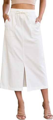 luvamia Jean Skirts for Women High Waisted Midi Denim Drawstring Elastic Waist Long Skirt with Pockets Front Slit in Kuwait