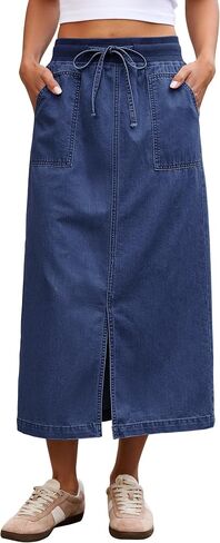 luvamia Jean Skirts for Women High Waisted Midi Denim Drawstring Elastic Waist Long Skirt with Pockets Front Slit in Kuwait