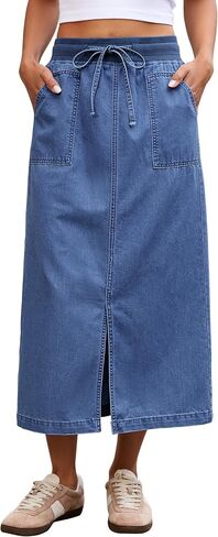luvamia Jean Skirts for Women High Waisted Midi Denim Drawstring Elastic Waist Long Skirt with Pockets Front Slit in Kuwait
