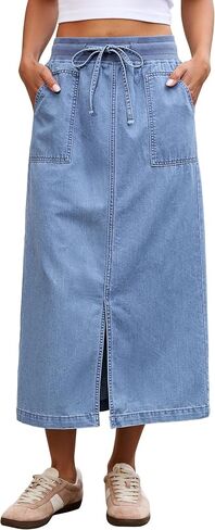luvamia Jean Skirts for Women High Waisted Midi Denim Drawstring Elastic Waist Long Skirt with Pockets Front Slit in Kuwait