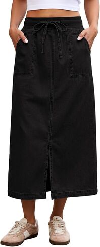 luvamia Jean Skirts for Women High Waisted Midi Denim Drawstring Elastic Waist Long Skirt with Pockets Front Slit in Kuwait