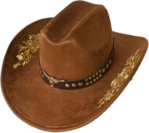 Women Men Western Cowboy Hat, Wide Brim Cattle Head Belted Floral Embroidery Cowgirl Hat Felt Jazz Cap for Rodeo Party in Kuwait