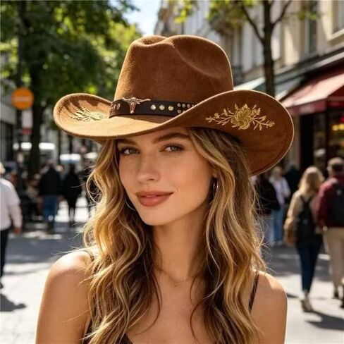 Women Men Western Cowboy Hat, Wide Brim Cattle Head Belted Floral Embroidery Cowgirl Hat Felt Jazz Cap for Rodeo Party in Kuwait
