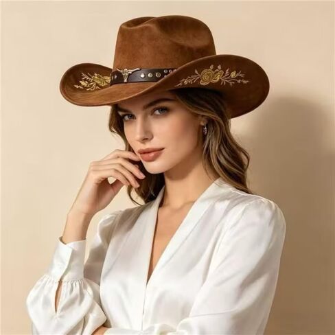 Women Men Western Cowboy Hat, Wide Brim Cattle Head Belted Floral Embroidery Cowgirl Hat Felt Jazz Cap for Rodeo Party in Kuwait