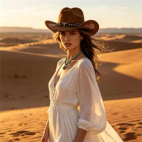 Women Men Western Cowboy Hat, Wide Brim Cattle Head Belted Floral Embroidery Cowgirl Hat Felt Jazz Cap for Rodeo Party in Kuwait
