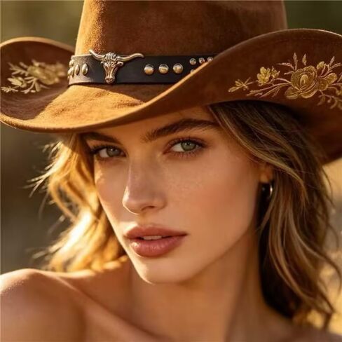 Women Men Western Cowboy Hat, Wide Brim Cattle Head Belted Floral Embroidery Cowgirl Hat Felt Jazz Cap for Rodeo Party in Kuwait