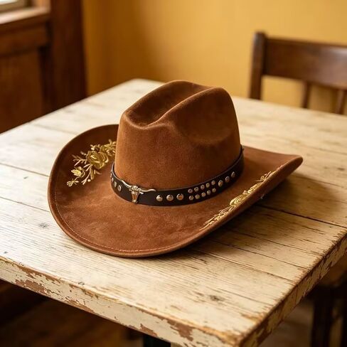 Women Men Western Cowboy Hat, Wide Brim Cattle Head Belted Floral Embroidery Cowgirl Hat Felt Jazz Cap for Rodeo Party in Kuwait