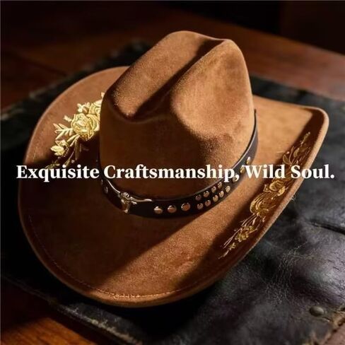Women Men Western Cowboy Hat, Wide Brim Cattle Head Belted Floral Embroidery Cowgirl Hat Felt Jazz Cap for Rodeo Party in Kuwait