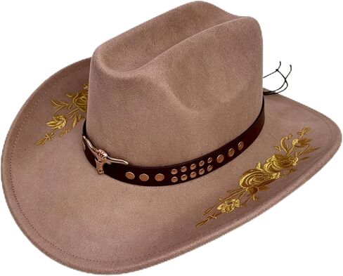 Women Men Western Cowboy Hat, Wide Brim Cattle Head Belted Floral Embroidery Cowgirl Hat Felt Jazz Cap for Rodeo Party in Kuwait