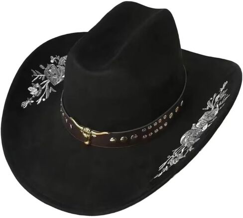 Women Men Western Cowboy Hat, Wide Brim Cattle Head Belted Floral Embroidery Cowgirl Hat Felt Jazz Cap for Rodeo Party in Kuwait