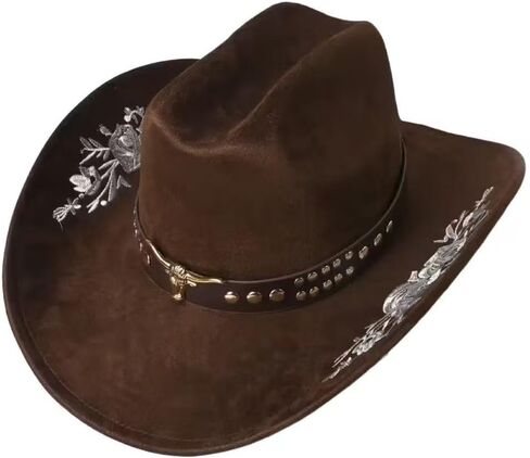 Women Men Western Cowboy Hat, Wide Brim Cattle Head Belted Floral Embroidery Cowgirl Hat Felt Jazz Cap for Rodeo Party in Kuwait