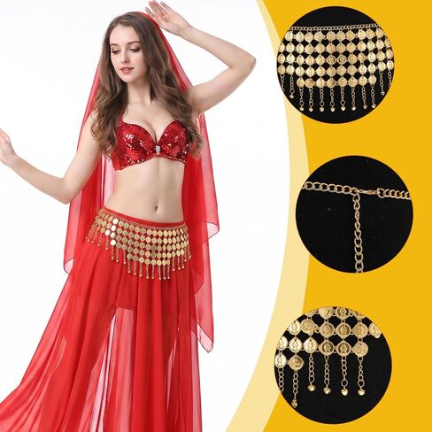 وشاح الورك للرقص الشرقي، حزام معدني للعملات المعدنية للرقص الشرقي، تنانير، حزام سلسلة للأداء، الحفلات، الأزياء التنكرية باللون الذهبي in Kuwait