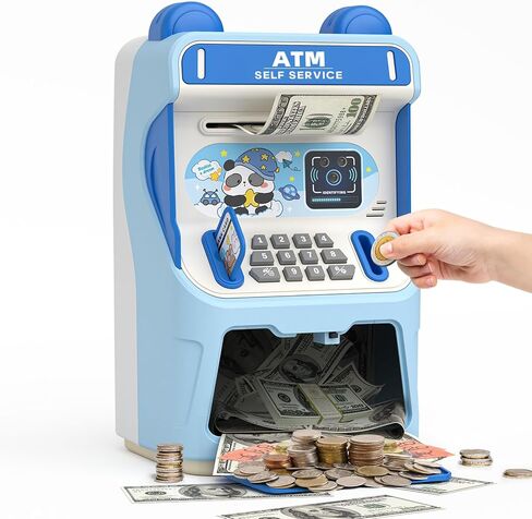 Piggy Bank,Kids Piggy Bank for Girls with Automatic Bill Roller, Electronic Coin Bank with Simulated Card Slot & Facial Recognition, ATM Money Saving Box with Music Function for Kids(Pink) in Kuwait
