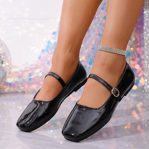 Women's Square Toe Mary Jane Flats - Patent Leather with Adjustable Ankle Strap Buckle Shoes in Black for Daily Casual & Party Wear in Kuwait