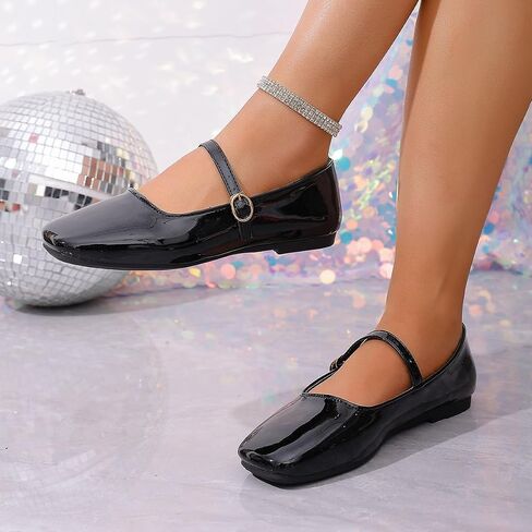 Women's Square Toe Mary Jane Flats - Patent Leather with Adjustable Ankle Strap Buckle Shoes in Black for Daily Casual & Party Wear in Kuwait