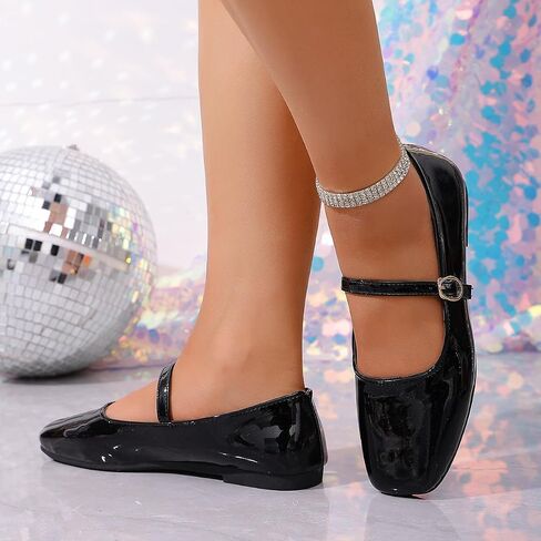 Women's Square Toe Mary Jane Flats - Patent Leather with Adjustable Ankle Strap Buckle Shoes in Black for Daily Casual & Party Wear in Kuwait