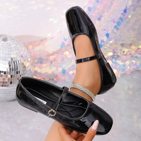 Women's Square Toe Mary Jane Flats - Patent Leather with Adjustable Ankle Strap Buckle Shoes in Black for Daily Casual & Party Wear in Kuwait