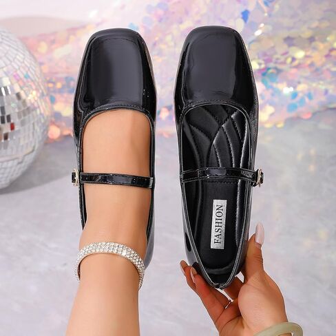Women's Square Toe Mary Jane Flats - Patent Leather with Adjustable Ankle Strap Buckle Shoes in Black for Daily Casual & Party Wear in Kuwait