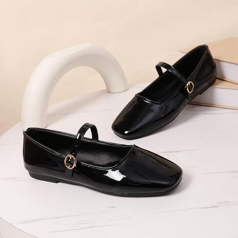 Women's Square Toe Mary Jane Flats - Patent Leather with Adjustable Ankle Strap Buckle Shoes in Black for Daily Casual & Party Wear in Kuwait