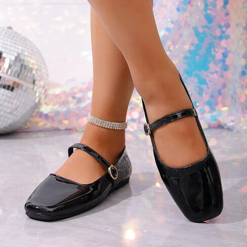 Women's Square Toe Mary Jane Flats - Patent Leather with Adjustable Ankle Strap Buckle Shoes in Black for Daily Casual & Party Wear in Kuwait