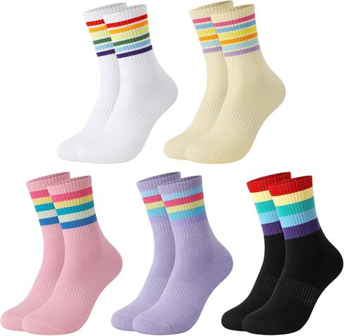 5 Pairs Retro Striped Crew Socks Athletic Cotton Breathable Socks for Women in Kuwait