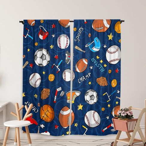 Navy Rugby Ball Window Curtains for Kids Teens Boys Girls, Sports Curtains Living Room Bedroom Nursery Toddler Home Party Decor, Rod Pocket Window Drapes 2 Panel, 84"x84" in Saudi Arabia