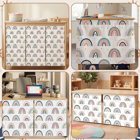 Washable Classroom Cabinet Curtains Set - 6Pcs 24 x 24.6 Inch Rainbow Hook & Loop No Drill Fabric Cover for Shelves, Teacher Desk Lectern Curtain Detachable Decor for Bookshelf in Saudi Arabia