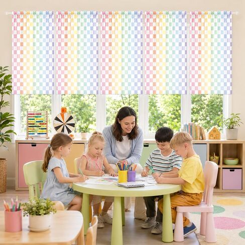 6 Pcs Pastel Checkered Curtains Classroom Decoration Back to School Pastel Plaid Curtains for First Day of School Classroom Kindergarten Daycare Primary Bedroom Playroom Colorful Decor 24 × 36 inches in Kuwait