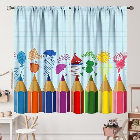 Kids Cartoon Pencil Curtains Colorful Crayons Art Printed School Curtain with Rod Pocket for Nursery Bedroom Living Room Home Decor Drapes Window Treatments 2 Panels Set 42x45 Inch in Kuwait
