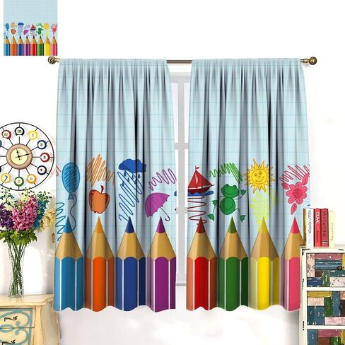 Kids Cartoon Pencil Curtains Colorful Crayons Art Printed School Curtain with Rod Pocket for Nursery Bedroom Living Room Home Decor Drapes Window Treatments 2 Panels Set 42x45 Inch in Kuwait