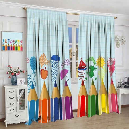 Kids Cartoon Pencil Curtains Colorful Crayons Art Printed School Curtain with Rod Pocket for Nursery Bedroom Living Room Home Decor Drapes Window Treatments 2 Panels Set 42x45 Inch in Kuwait
