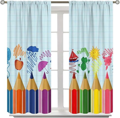 Kids Cartoon Pencil Curtains Colorful Crayons Art Printed School Curtain with Rod Pocket for Nursery Bedroom Living Room Home Decor Drapes Window Treatments 2 Panels Set 42x45 Inch in Kuwait