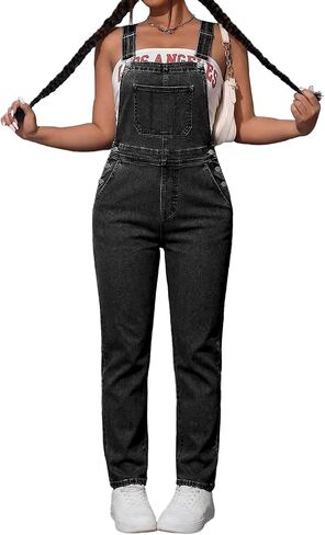 Women's Stretch Denim Overalls Straight Leg Bib Jumpsuit Adjustable Straps Casual Workwear Everyday Outfit in Saudi Arabia
