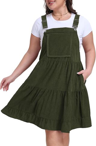 Moon Wood Plus Size Corduroy Overall Dress for Women Casual Loose Jumper Dress A-Line Tiered Short Dress with Pockets in Kuwait