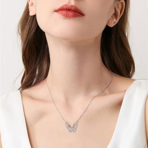 Butterfly Necklace - Rhinestone Pendant Necklaces for Women Butterflies Charm Jewelry for Valentine's Day Women Teen Girl Party Statement Dress Sweater Anniversary (Butterfly, Sliver) in Saudi Arabia
