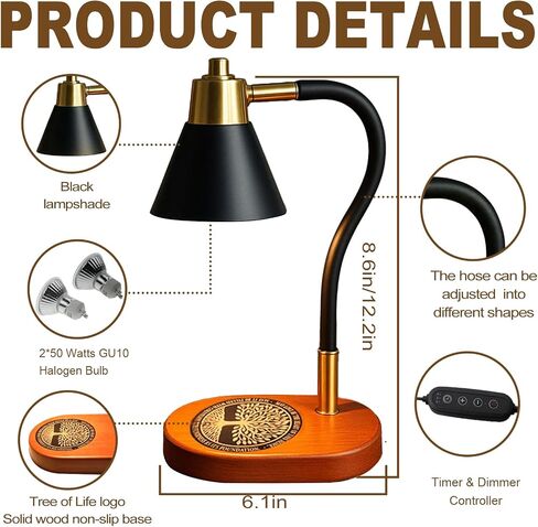 Black Candle Warmer Lamp with Timer & Dimmer, Adjustable Height Electric Wax Melter for All Jar Candles, Flameless Candle Lamp with Wooden Base & 2 Bulbs, Retro Home Decor Gifts for Mom Women in Saudi Arabia