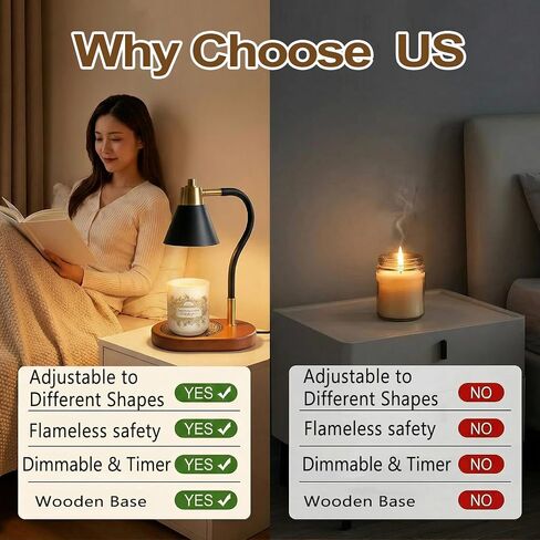 Black Candle Warmer Lamp with Timer & Dimmer, Adjustable Height Electric Wax Melter for All Jar Candles, Flameless Candle Lamp with Wooden Base & 2 Bulbs, Retro Home Decor Gifts for Mom Women in Saudi Arabia