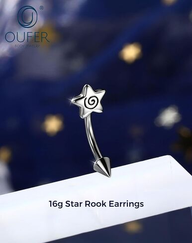 OUFER 16G Spiral Star Rook Piercing Jewelry Spike Curved Barbell Eyebrow Earrings 316L Surgical Stainless Steel 8mm Lip Tragus Helix Piercing Jewelry for Women Men in Kuwait