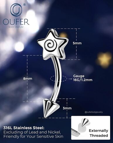 OUFER 16G Spiral Star Rook Piercing Jewelry Spike Curved Barbell Eyebrow Earrings 316L Surgical Stainless Steel 8mm Lip Tragus Helix Piercing Jewelry for Women Men in Kuwait