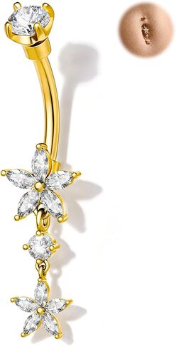 Jewseen 14K Gold Plated Dangle Belly Rings Gold 14G Flower Belly Button Rings for Women Dangle Navel Ring 316L Surgical Steel Navel Piercing Jewelry in Kuwait