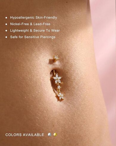 Jewseen 14K Gold Plated Dangle Belly Rings Gold 14G Flower Belly Button Rings for Women Dangle Navel Ring 316L Surgical Steel Navel Piercing Jewelry in Kuwait