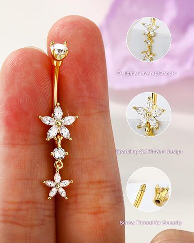 Jewseen 14K Gold Plated Dangle Belly Rings Gold 14G Flower Belly Button Rings for Women Dangle Navel Ring 316L Surgical Steel Navel Piercing Jewelry in Kuwait
